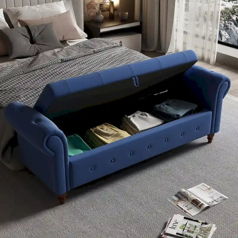 Storage Ottoman Bench 63 Inch Rolled Arms Button Tufted Lid Turned Wood Legs 7 Colors