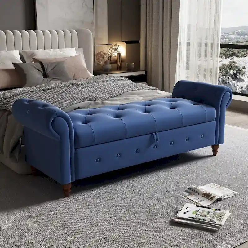 Storage Ottoman Bench 63 Inch Rolled Arms Button Tufted Lid Turned Wood Legs 7 Colors