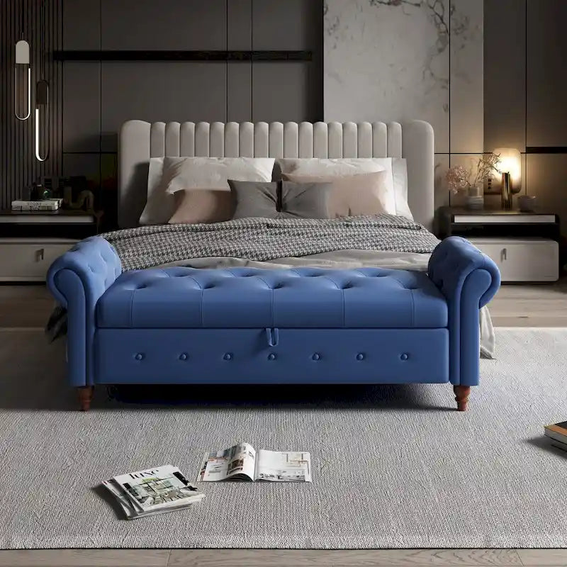 Storage Ottoman Bench 63 Inch Rolled Arms Button Tufted Lid Turned Wood Legs 7 Colors