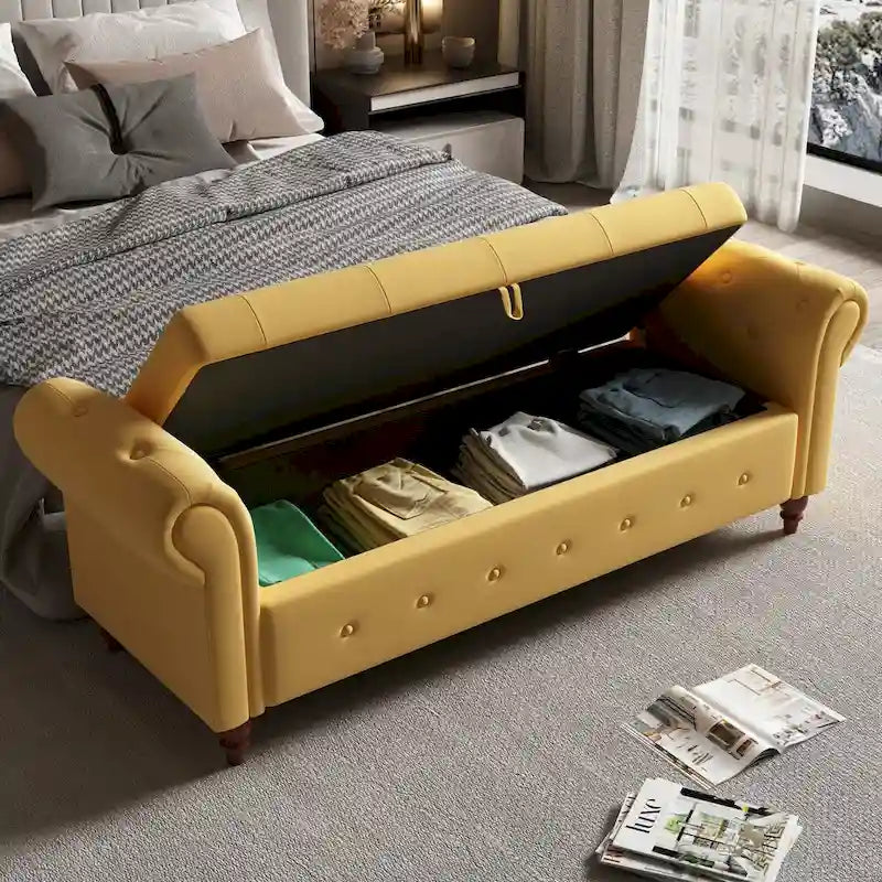 Storage Ottoman Bench 63 Inch Rolled Arms Button Tufted Lid Turned Wood Legs 7 Colors