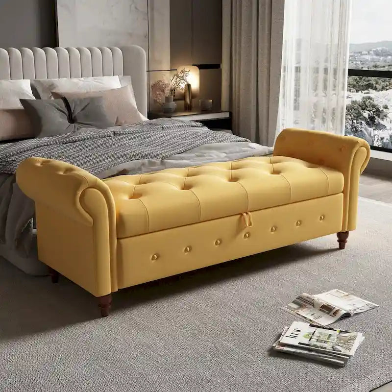 Storage Ottoman Bench 63 Inch Rolled Arms Button Tufted Lid Turned Wood Legs 7 Colors