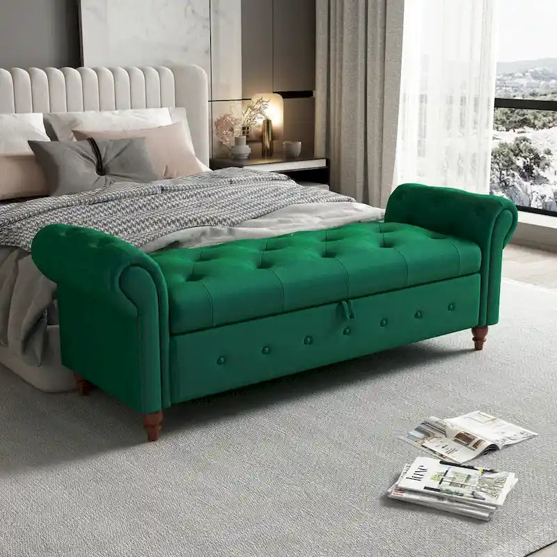 Storage Ottoman Bench 63 Inch Rolled Arms Button Tufted Lid Turned Wood Legs 7 Colors