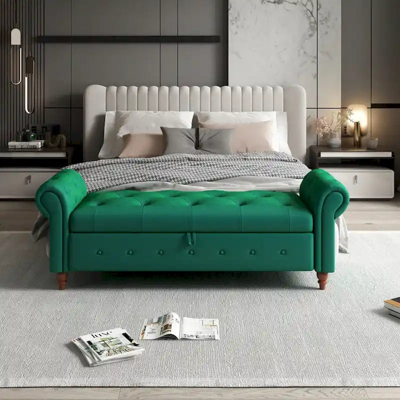 Storage Ottoman Bench 63 Inch Rolled Arms Button Tufted Lid Turned Wood Legs 7 Colors