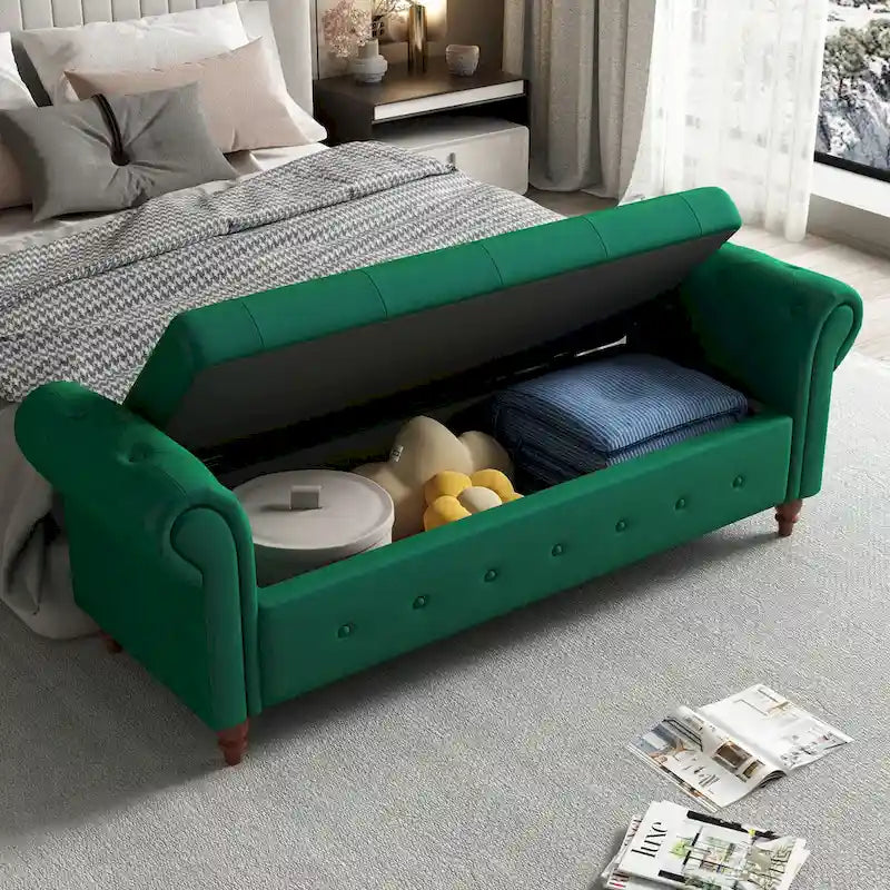 Storage Ottoman Bench 63 Inch Rolled Arms Button Tufted Lid Turned Wood Legs 7 Colors