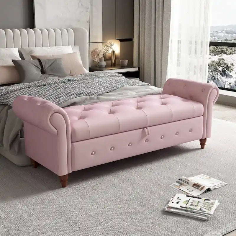Storage Ottoman Bench 63 Inch Rolled Arms Button Tufted Lid Turned Wood Legs 7 Colors