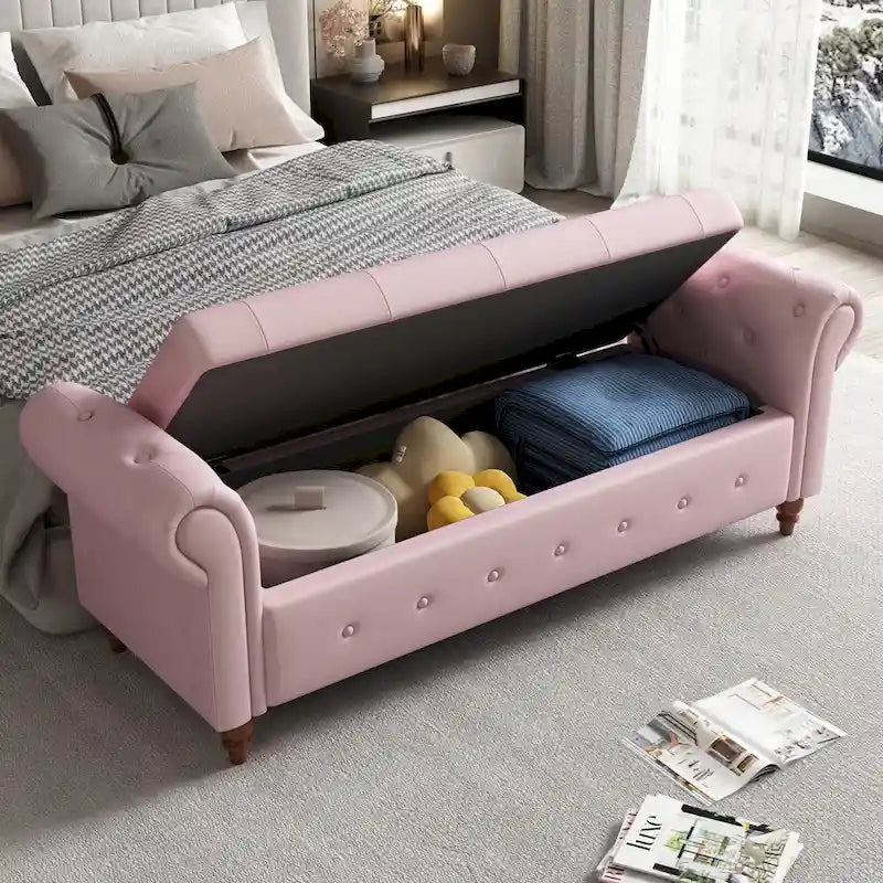 Storage Ottoman Bench 63 Inch Rolled Arms Button Tufted Lid Turned Wood Legs 7 Colors