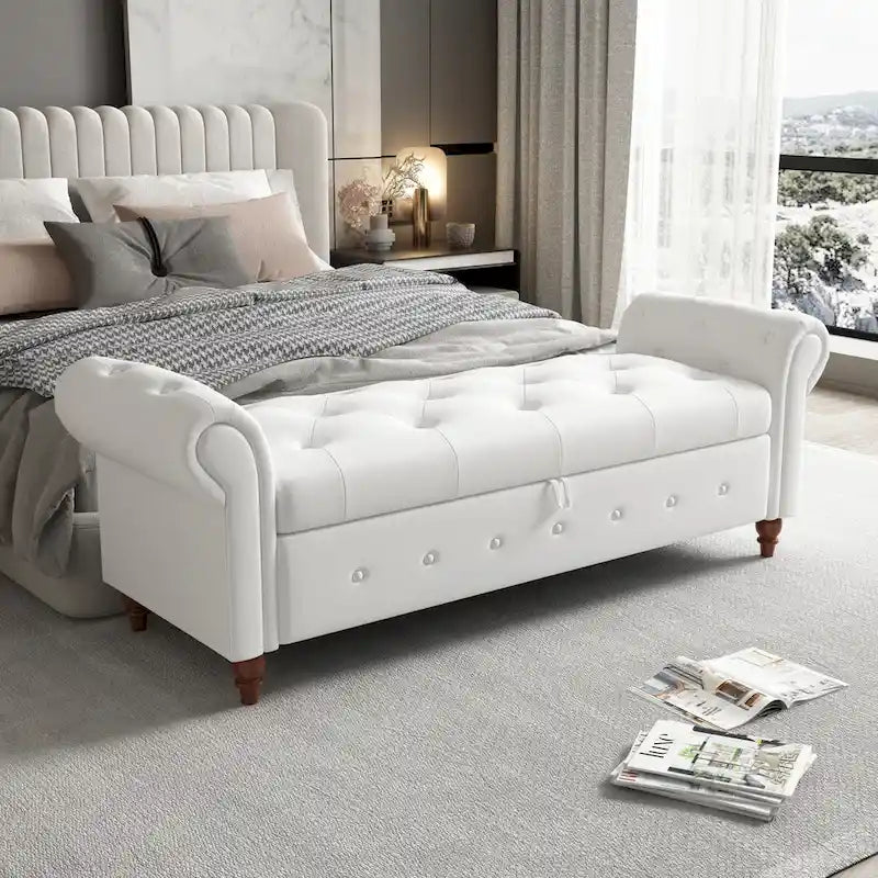 Storage Ottoman Bench 63 Inch Rolled Arms Button Tufted Lid Turned Wood Legs 7 Colors