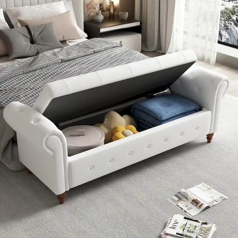 Storage Ottoman Bench 63 Inch Rolled Arms Button Tufted Lid Turned Wood Legs 7 Colors