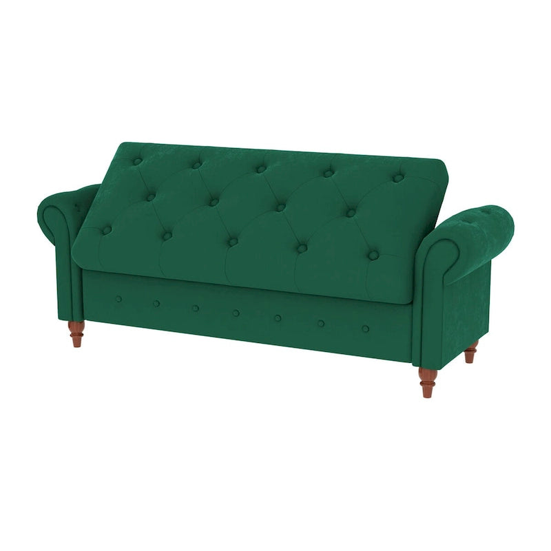 Storage Ottoman Bench 63 Inch Rolled Arms Button Tufted Lid Turned Wood Legs 7 Colors