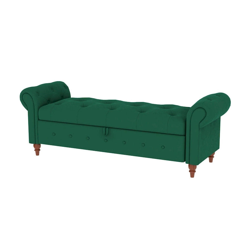 Storage Ottoman Bench 63 Inch Rolled Arms Button Tufted Lid Turned Wood Legs 7 Colors