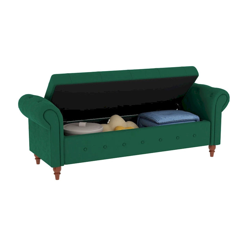 Storage Ottoman Bench 63 Inch Rolled Arms Button Tufted Lid Turned Wood Legs 7 Colors