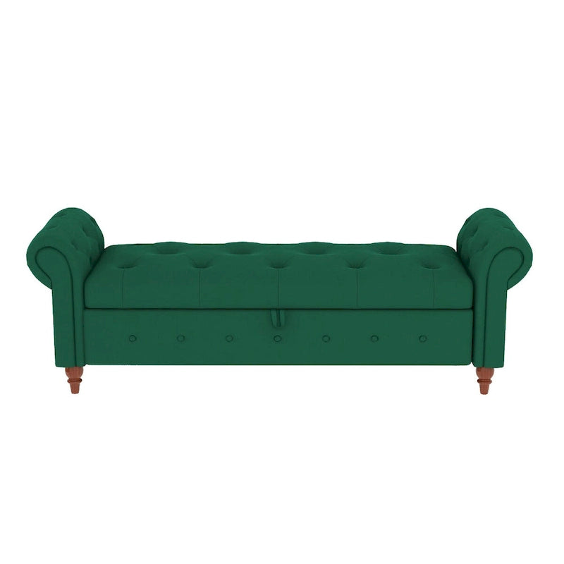 Storage Ottoman Bench 63 Inch Rolled Arms Button Tufted Lid Turned Wood Legs 7 Colors