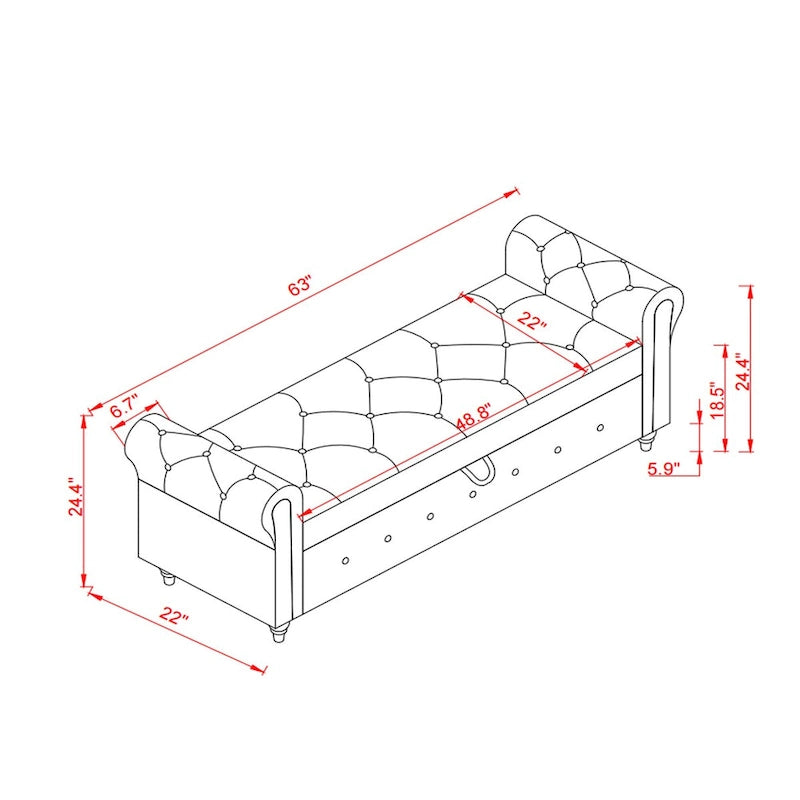Storage Ottoman Bench 63 Inch Rolled Arms Button Tufted Lid Turned Wood Legs 7 Colors