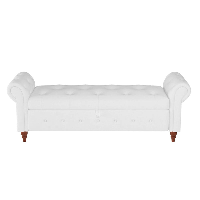 Storage Ottoman Bench 63 Inch Rolled Arms Button Tufted Lid Turned Wood Legs 7 Colors