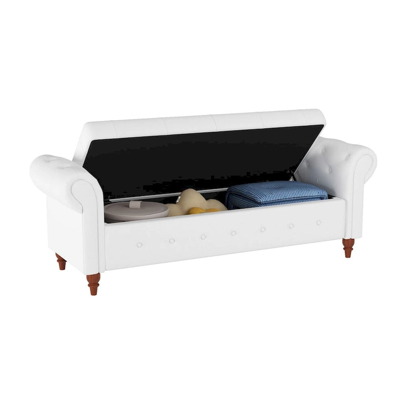 Storage Ottoman Bench 63 Inch Rolled Arms Button Tufted Lid Turned Wood Legs 7 Colors