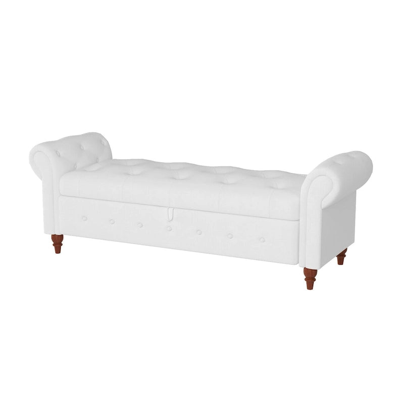Storage Ottoman Bench 63 Inch Rolled Arms Button Tufted Lid Turned Wood Legs 7 Colors