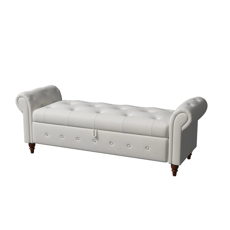 Storage Ottoman Bench 63 Inch Rolled Arms Button Tufted Lid Turned Wood Legs 7 Colors