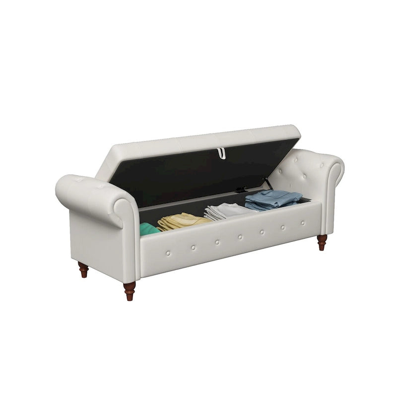 Storage Ottoman Bench 63 Inch Rolled Arms Button Tufted Lid Turned Wood Legs 7 Colors