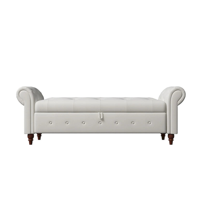 Storage Ottoman Bench 63 Inch Rolled Arms Button Tufted Lid Turned Wood Legs 7 Colors