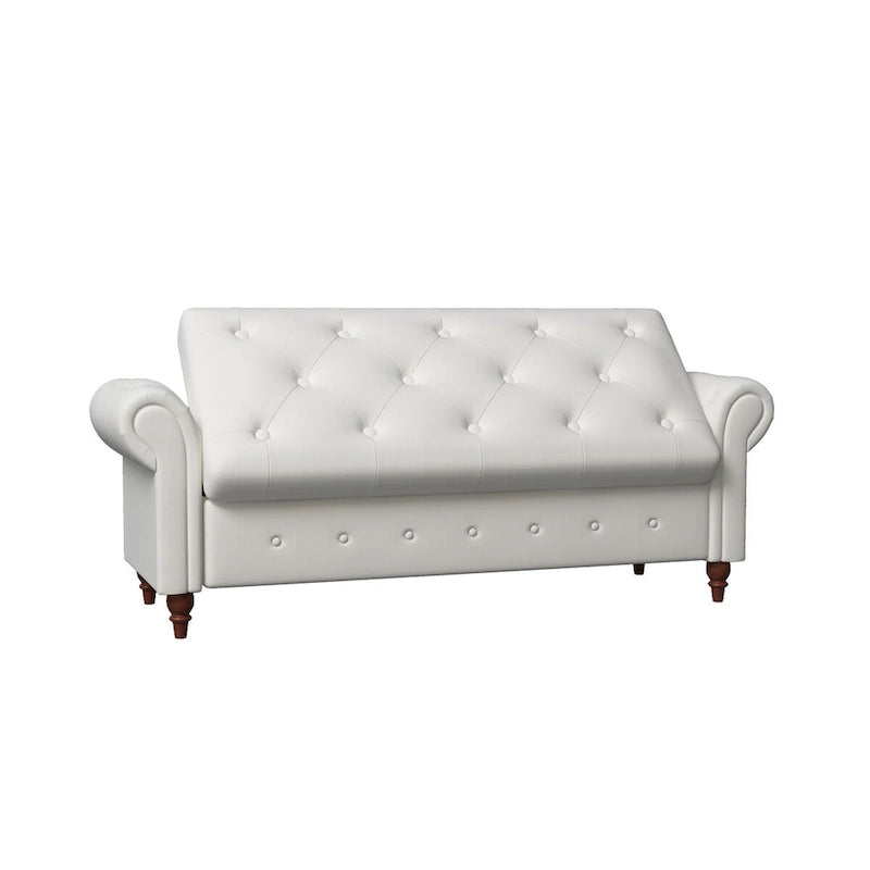 Storage Ottoman Bench 63 Inch Rolled Arms Button Tufted Lid Turned Wood Legs 7 Colors