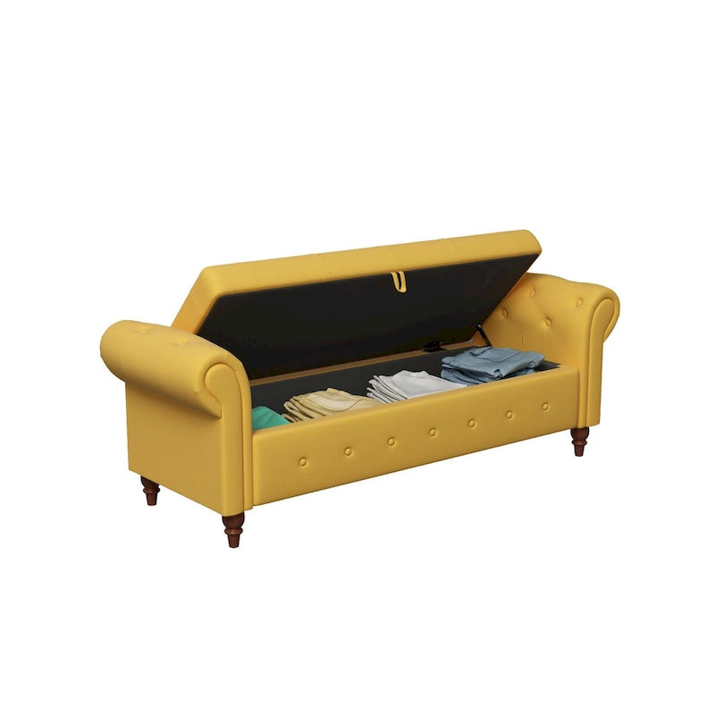 Storage Ottoman Bench 63 Inch Rolled Arms Button Tufted Lid Turned Wood Legs 7 Colors