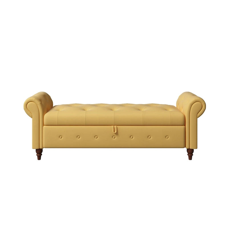 Storage Ottoman Bench 63 Inch Rolled Arms Button Tufted Lid Turned Wood Legs 7 Colors