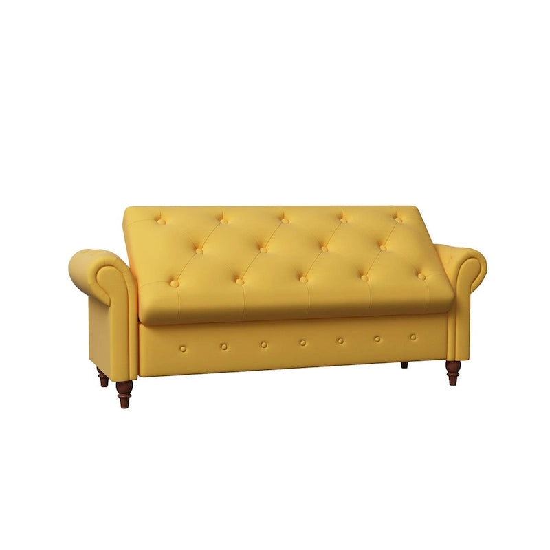 Storage Ottoman Bench 63 Inch Rolled Arms Button Tufted Lid Turned Wood Legs 7 Colors