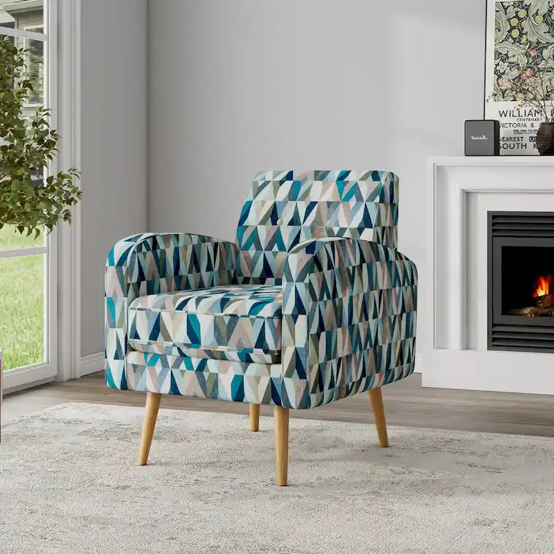 Mid-Century Modern Accent Armchair Geometric Prism Upholstery Button Tufted Wood Legs