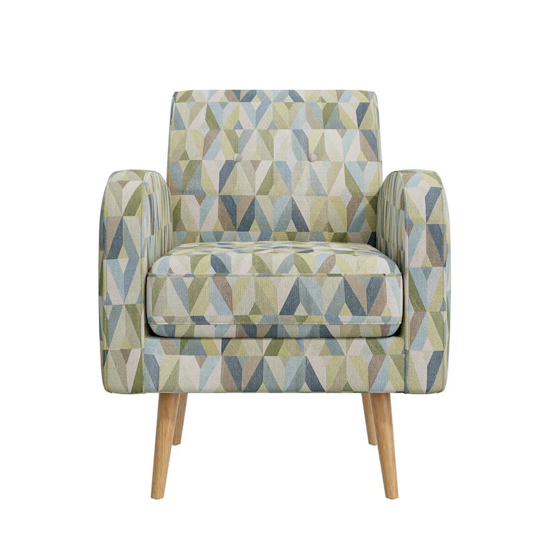 Mid-Century Modern Accent Armchair Geometric Prism Upholstery Button Tufted Wood Legs