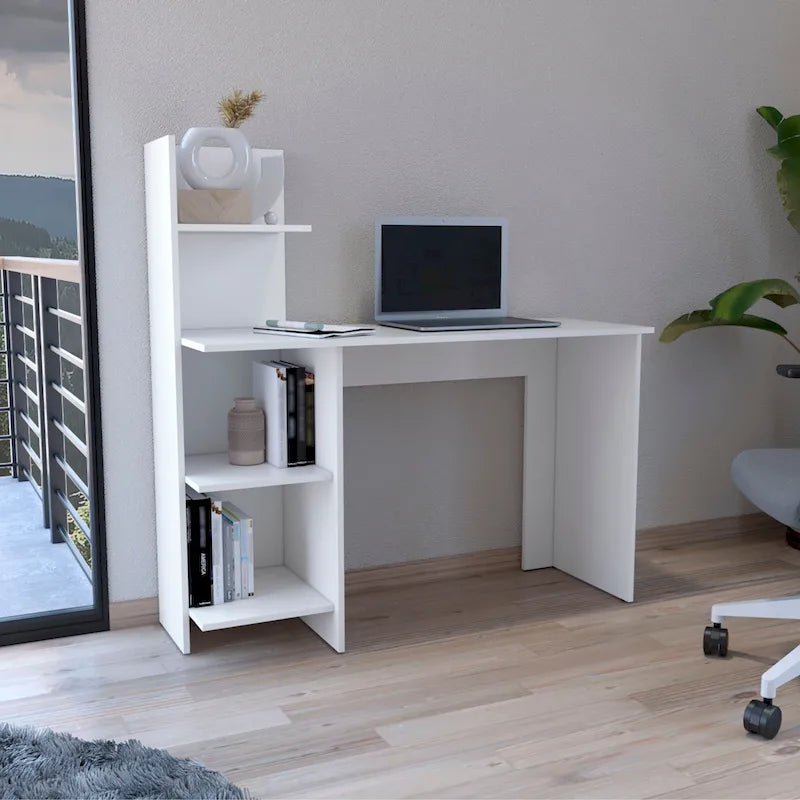 Home Office Computer Desk with 3-Shelf Side Storage Tower Panel Legs White