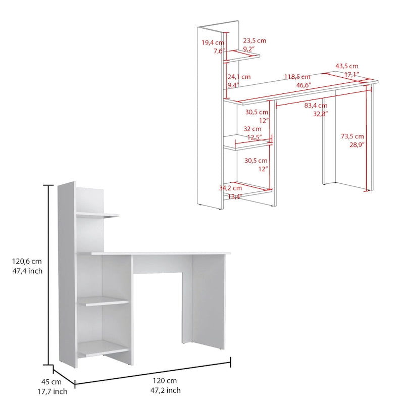 Home Office Computer Desk with 3-Shelf Side Storage Tower Panel Legs White