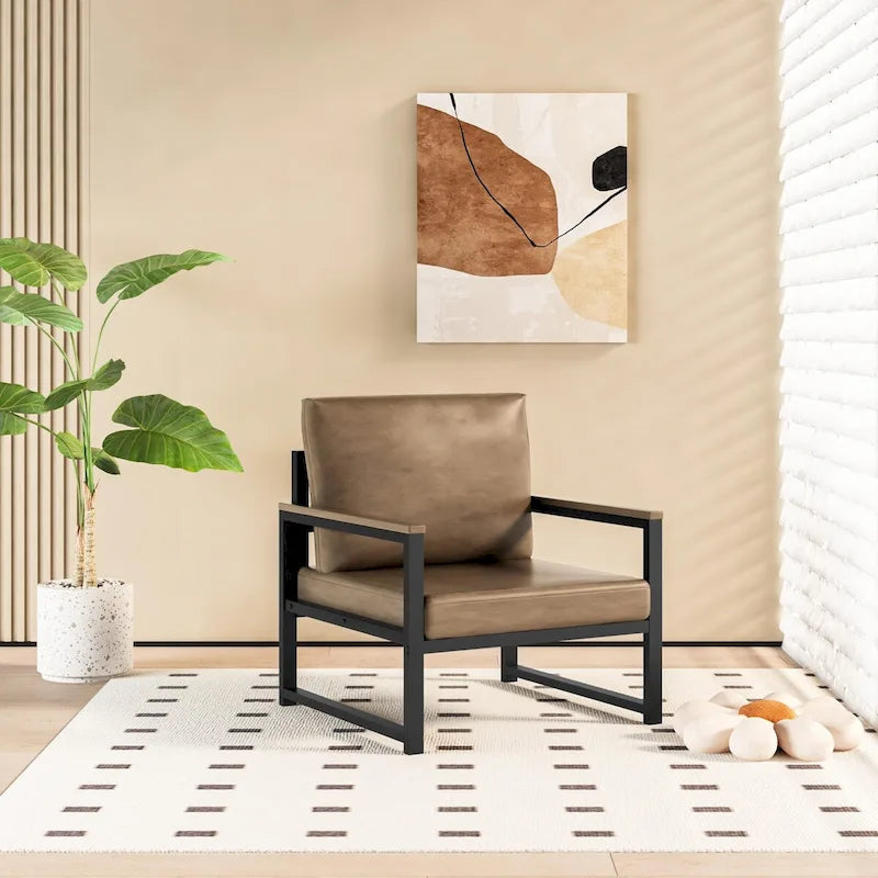 Modern PU Leather Lounge Chair Black Iron Frame with Armrests Brown White