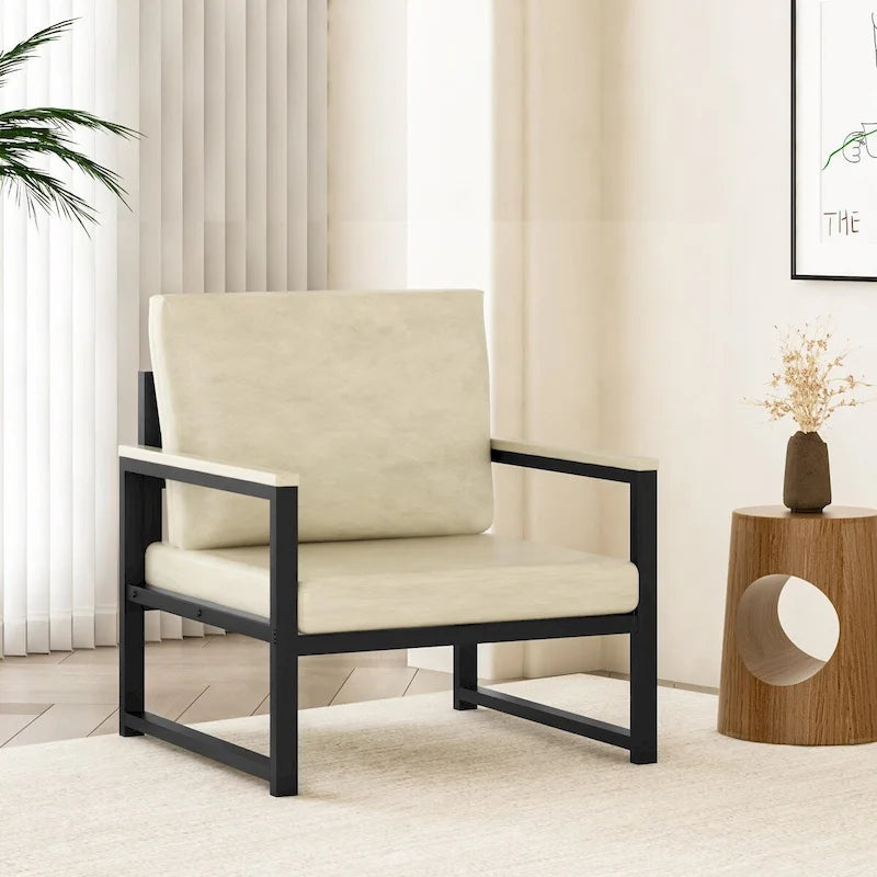 Modern PU Leather Lounge Chair Black Iron Frame with Armrests Brown White