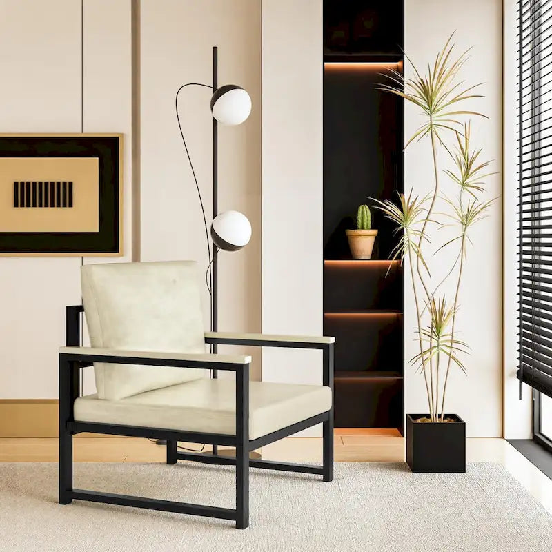 Modern PU Leather Lounge Chair Black Iron Frame with Armrests Brown White