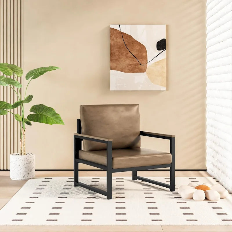 Modern PU Leather Lounge Chair Black Iron Frame with Armrests Brown White