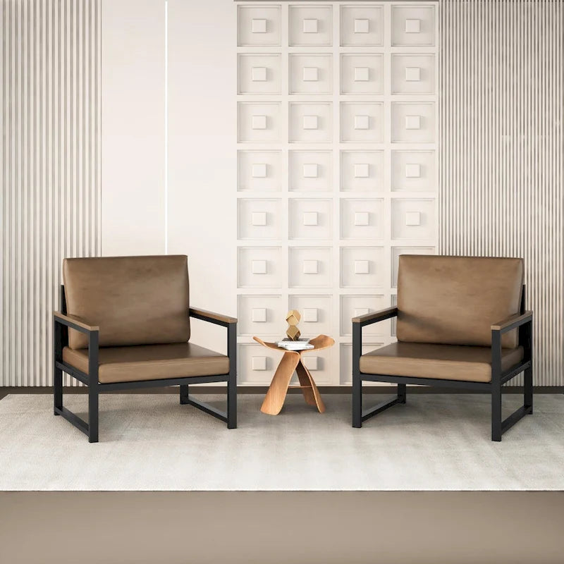 Modern PU Leather Lounge Chair Black Iron Frame with Armrests Brown White