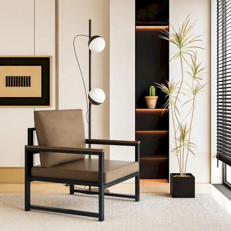 Modern PU Leather Lounge Chair Black Iron Frame with Armrests Brown White