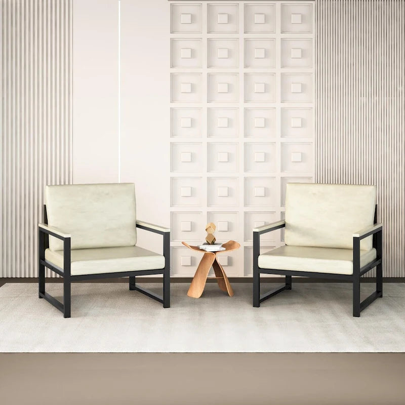 Modern PU Leather Lounge Chair Black Iron Frame with Armrests Brown White